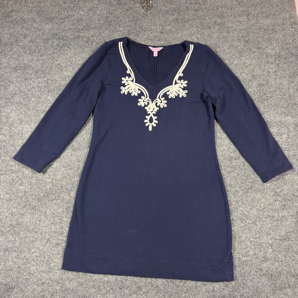 Lilly Pulitzer Dress Embroidered Soutache‎ Women L Navy Blue Cotton Blend GUC